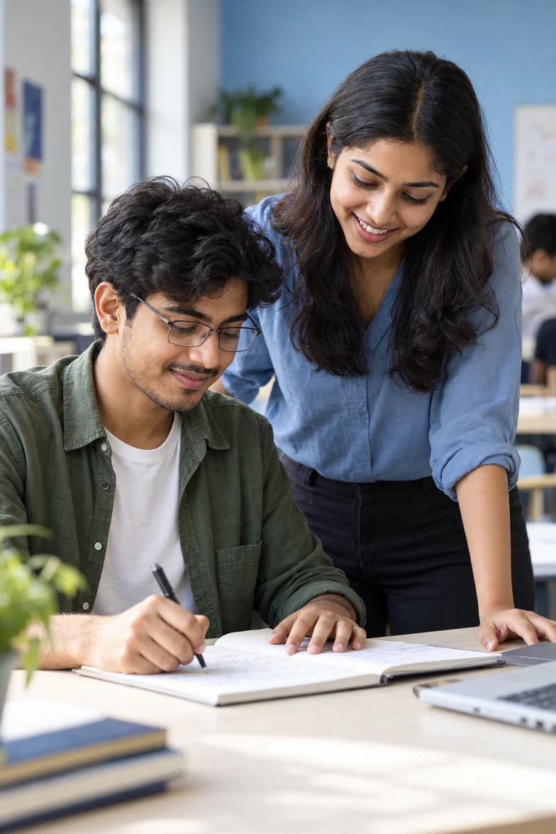 A mentor guiding a student through their notes