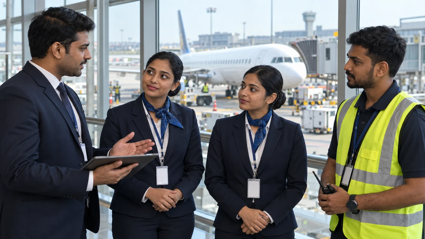A trainer briefing young aviation professionals at the airport