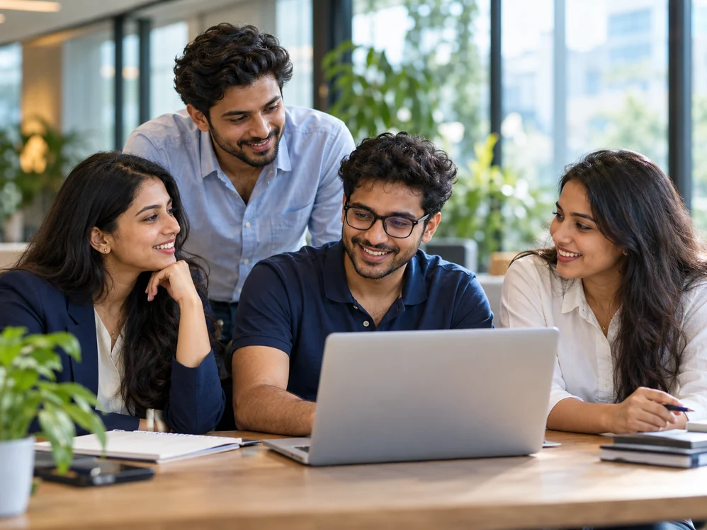 Skillggenix alumni collaborating around a laptop