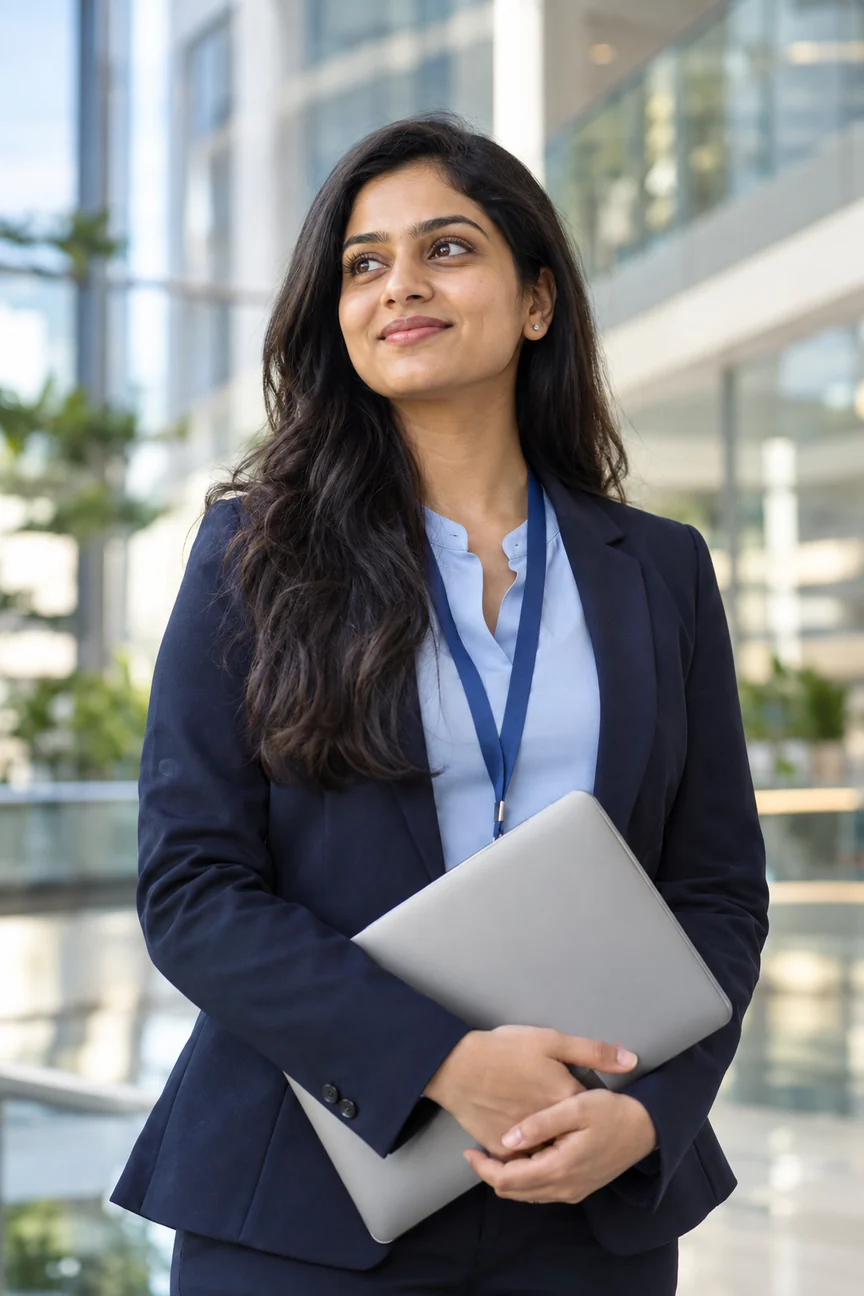 Young professional holding a laptop and smiling