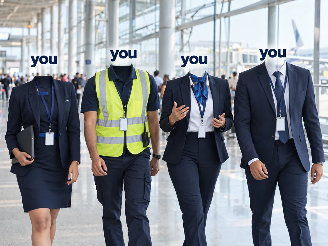 Aviation professionals in different uniforms, each labelled you