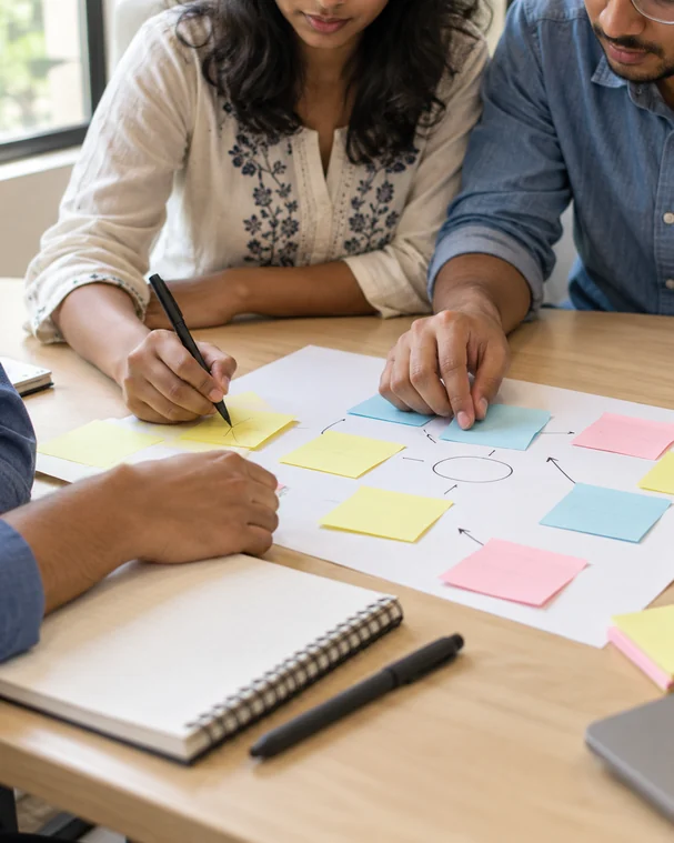 Hands mapping ideas on sticky notes
